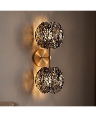 2-Light Crystal Wall Sconce,Brass Finish Wall Light with Textured Smoke Glass Shade,Luxury Vanity Light