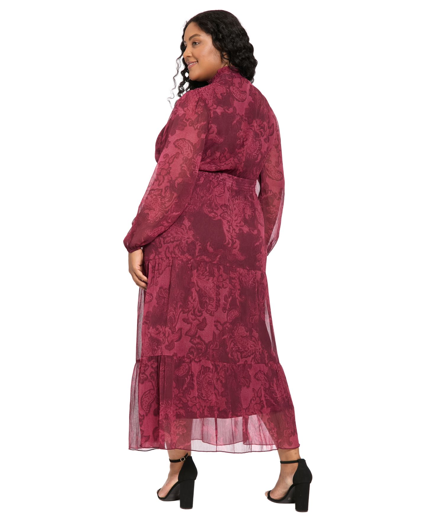 Женское платье London Times Plus Floral-Print Sheer Long-Sleeve Tiered Long, цвет: Коричневый / Розовато-лиловый — фото 3