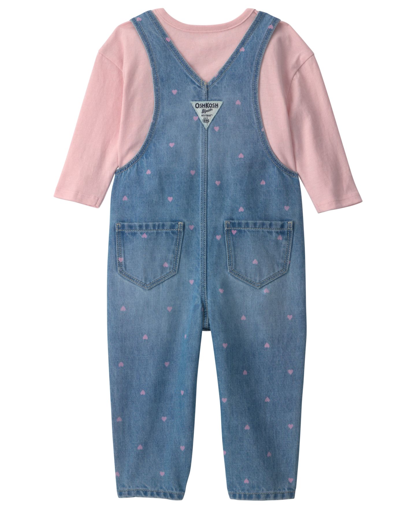 Детский комплект Oshkosh B'Gosh для девочки: топ и джинсовый полукомбинезон с сердцами, цвет: Синий / Розовый — фото 2