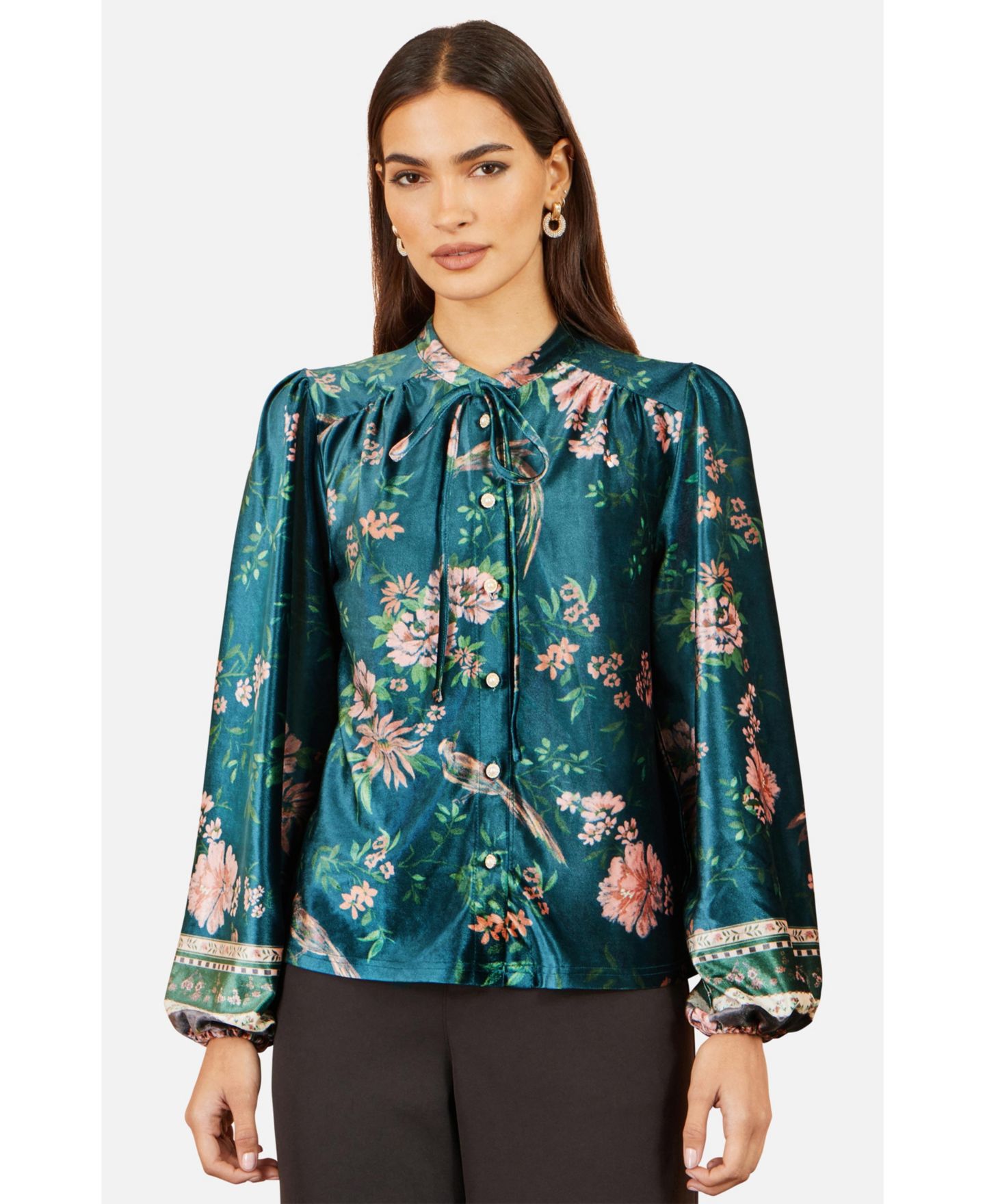 Женская блузка Yumi Floral Tie Neck Velvet, цвет: Зелёный — фото 4