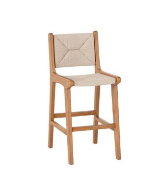 Set of 1 Outdoor Counter Height Bar Stool Woven Paper Rope Patio Barstool with Teak Wood Frame
