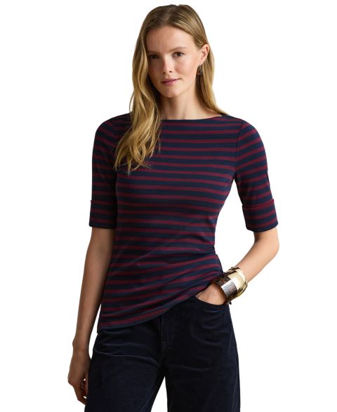 Женский топ Lauren Ralph Lauren Striped Stretch Cotton Boat Neck, цвет: Тёмно-синий / Гранатовый