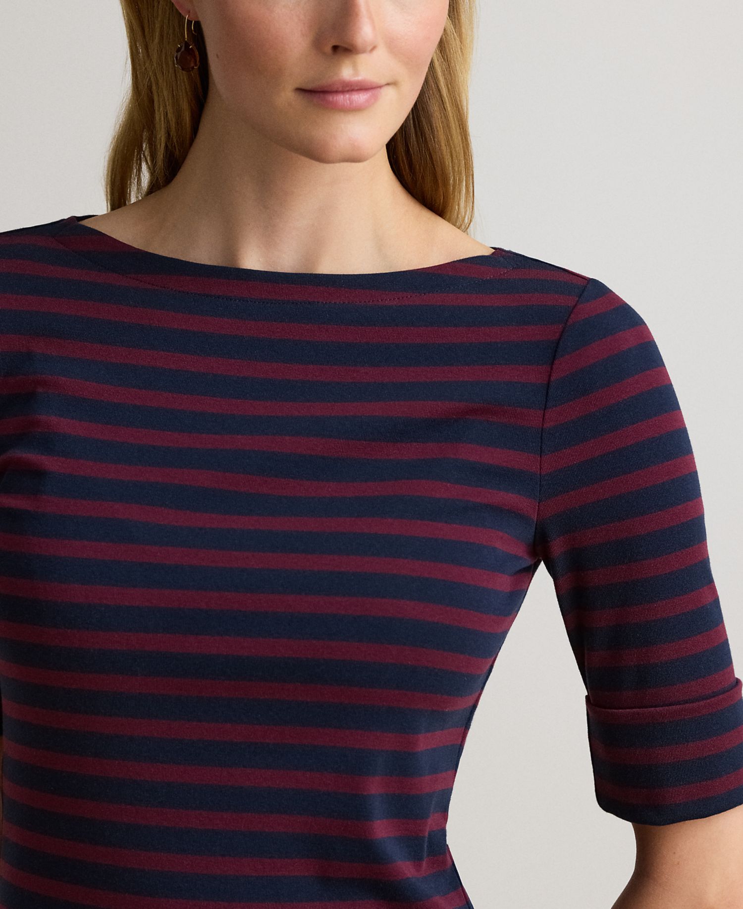 Petite Striped Stretch Cotton Boat Neck Top