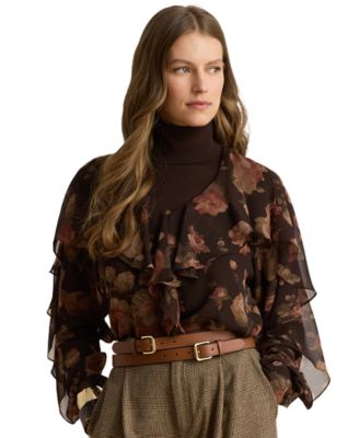 Women's Graceful Floral-Print Ruffle-Trim Chiffon V-Neck Blouse
