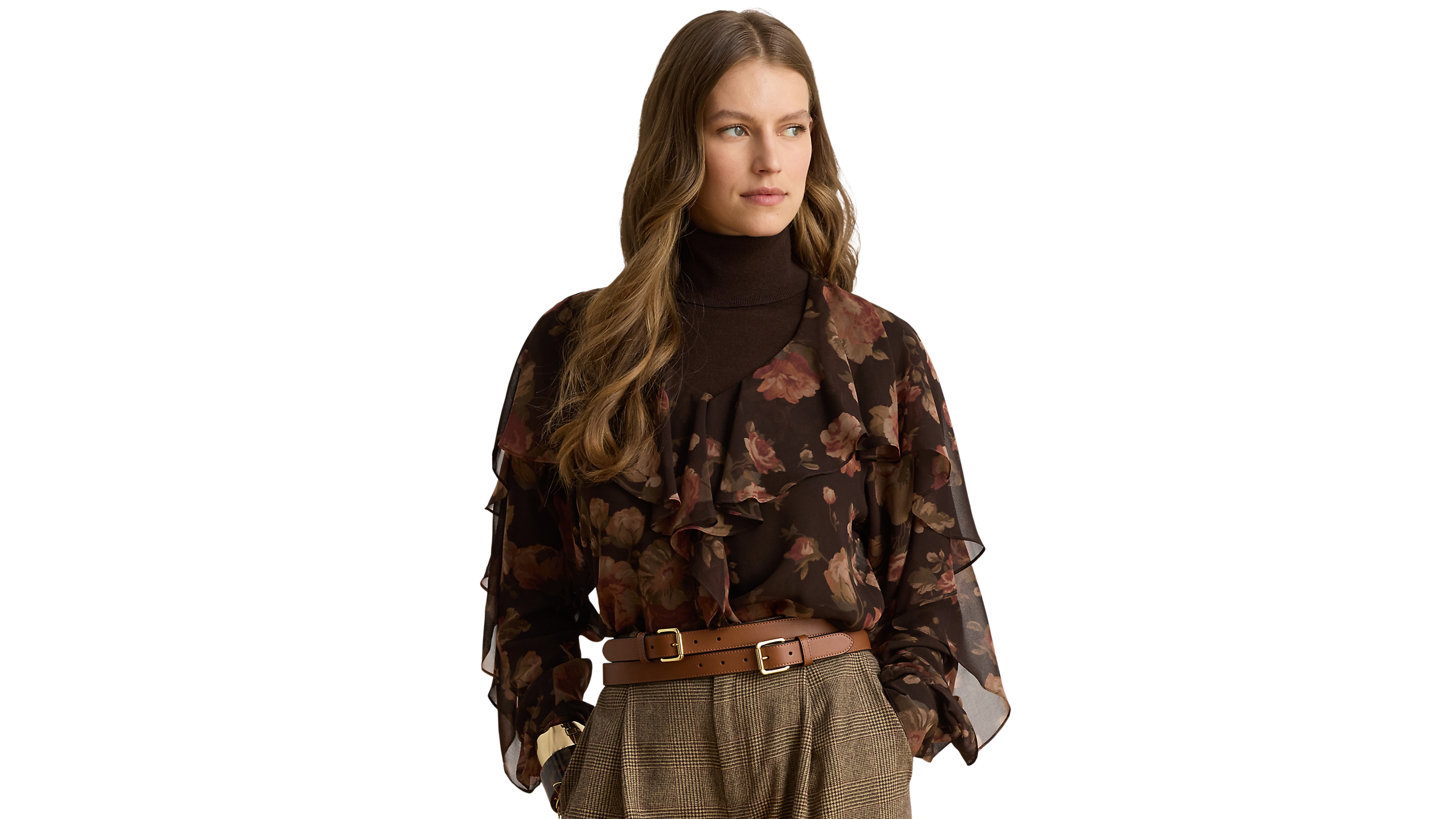 Lauren Ralph Women's Graceful Floral-Print Ruffle-Trim Chiffon V-Neck Blouse