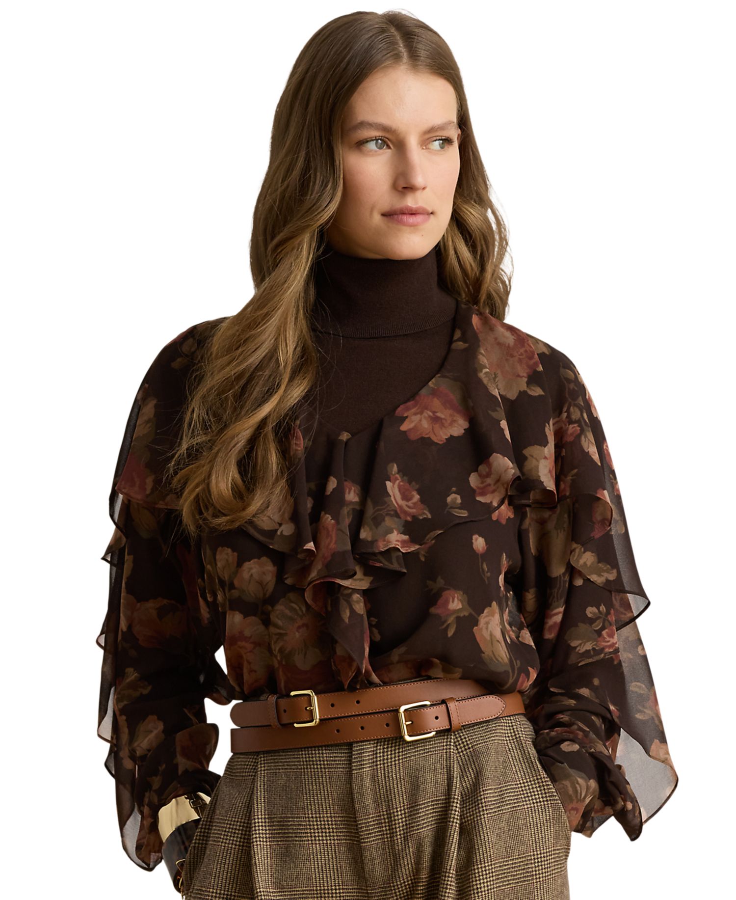 Petite Floral Ruffle-Trim Chiffon V-Neck Blouse