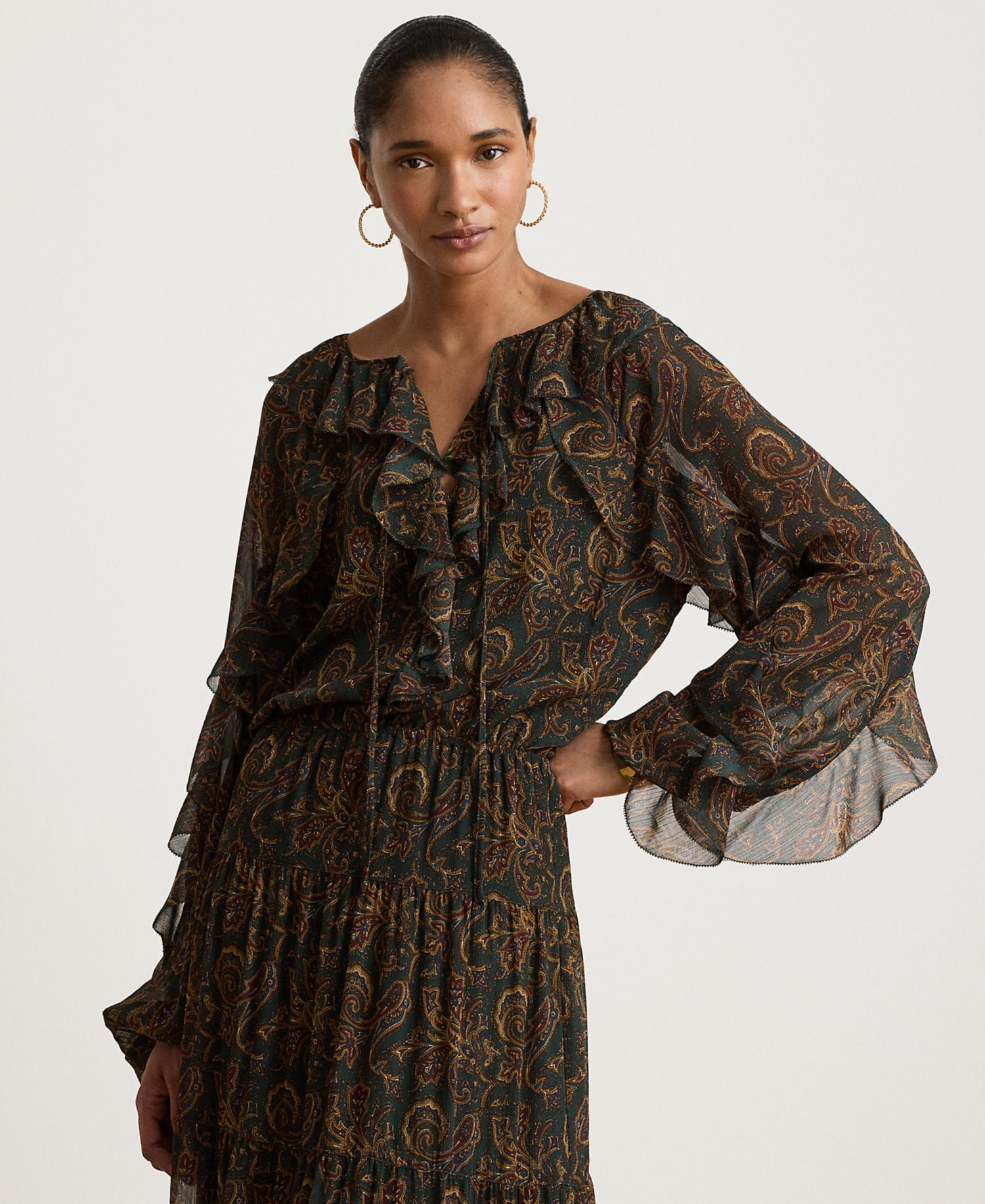 Petite Paisley Long-Sleeve Tiered Maxi Dress