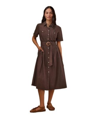 Women's Belted Safari Midi Shirt Dress