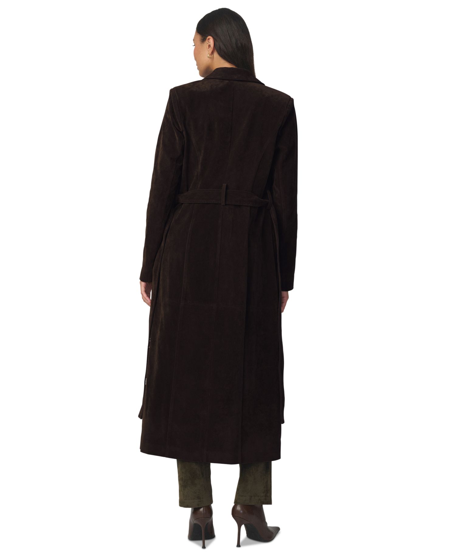Women's Collared Belted Faux-Suede Long Coat