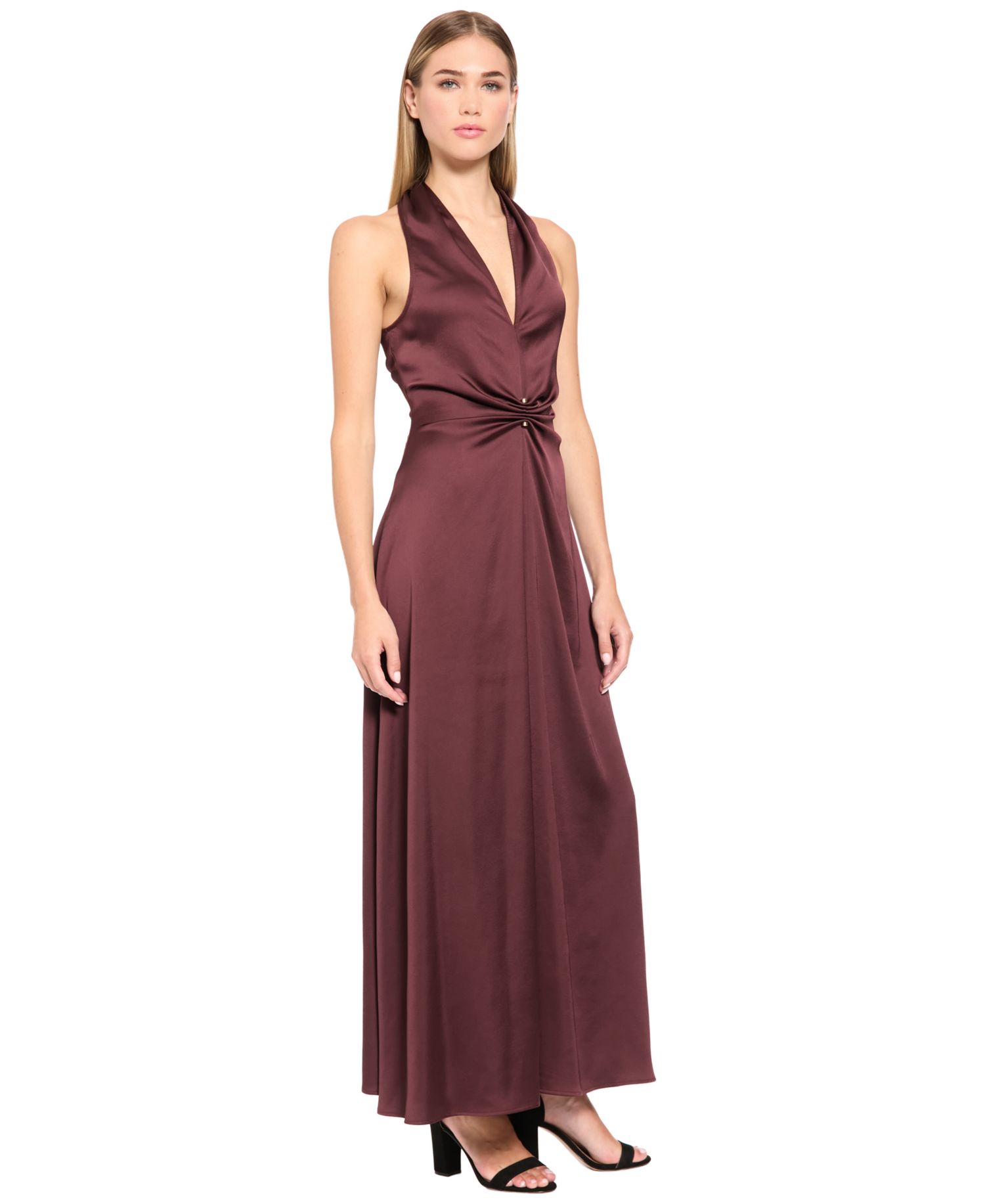Women's Halter Gathered V-Neck Keyhole-Back Midi Dress