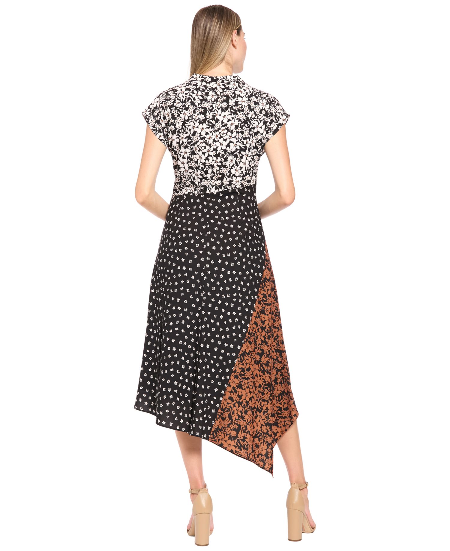 Women's Patchwork Print Mock Neck Midi Dress