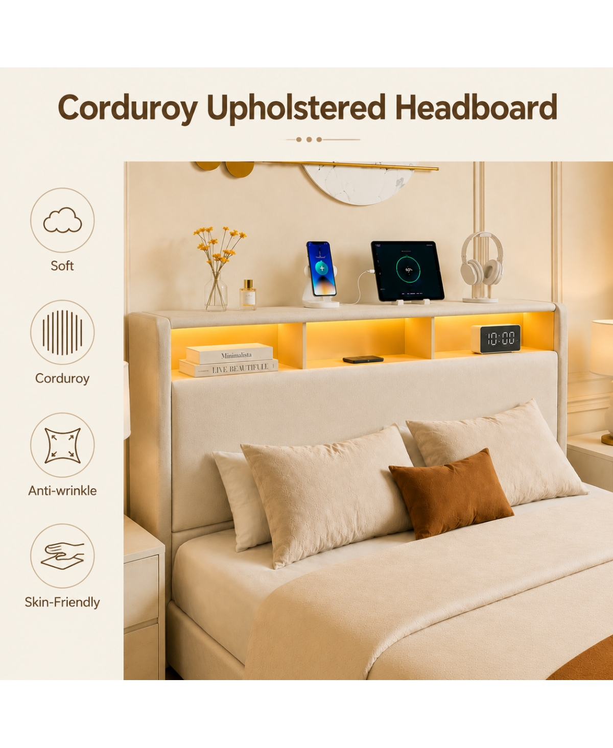 Streamdale Furniture Queen-Size Upholstered Storage Bed with Led Lights, Charging Station and Drawers