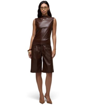 Women's Mock Neck Faux-Leather Sleeveless Ruched Top and Pleated High-Waisted Wide-Leg Shorts