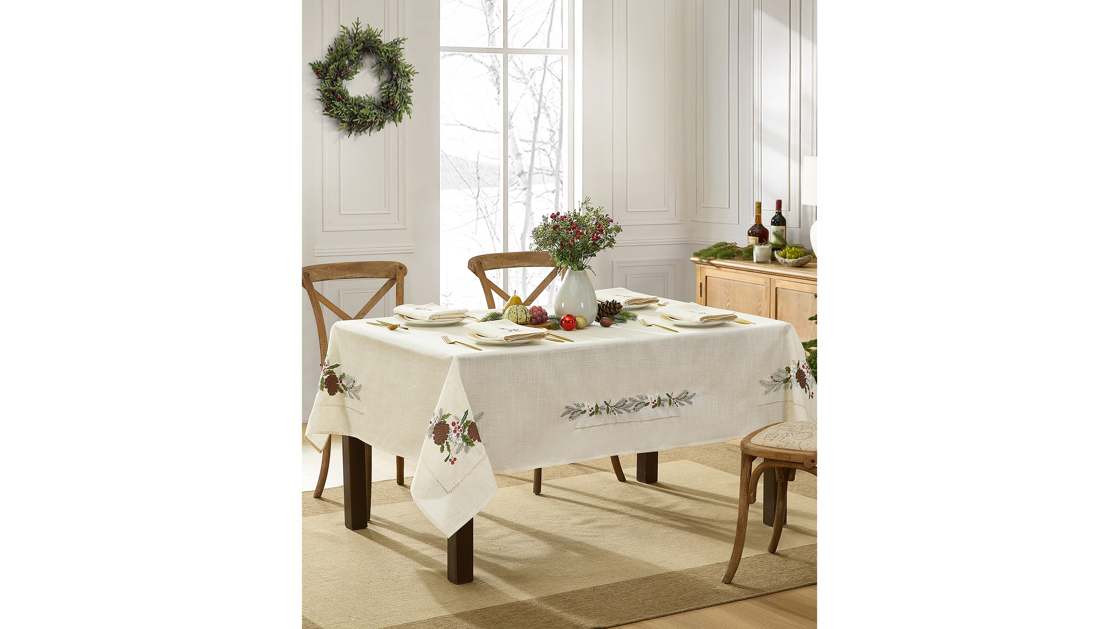 Elrene Rustic Winter Botanical Hemstitch Embroidered Tablecloth, 60" x 84"