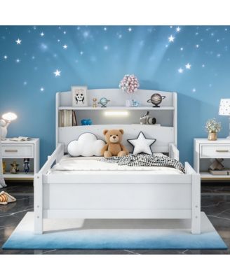  Wood Platform Bed Frame with LED Light and Storage Headboard Antique