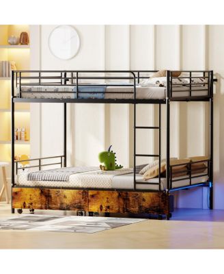 Twin Over Twin Metal Bunk Bed with Ladder and Guardrail