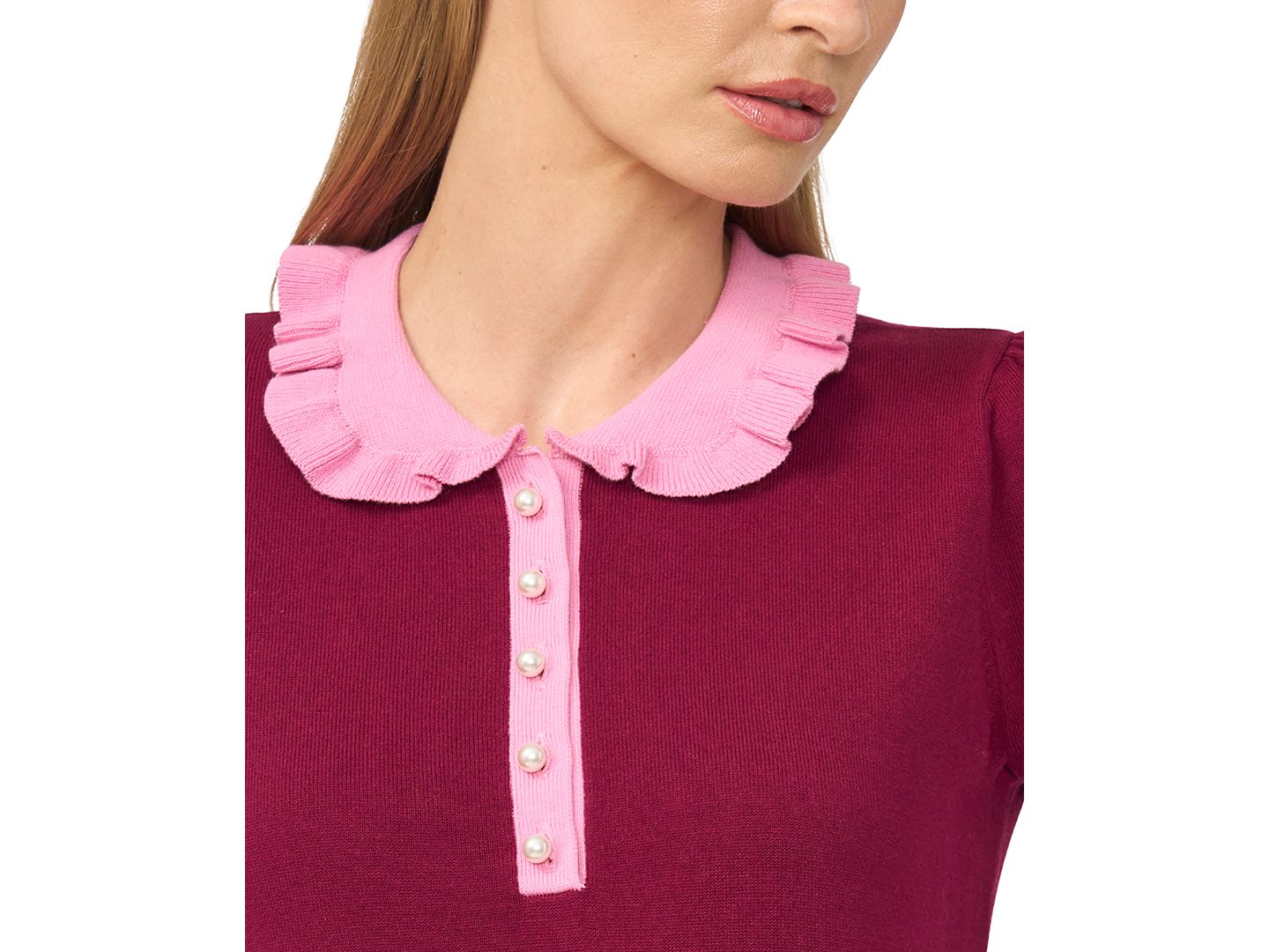 Женский топ CeCe Cotton Ruffle-Collar Short-Sleeve Top, цвет: Глубокий шелковичный — фото 3