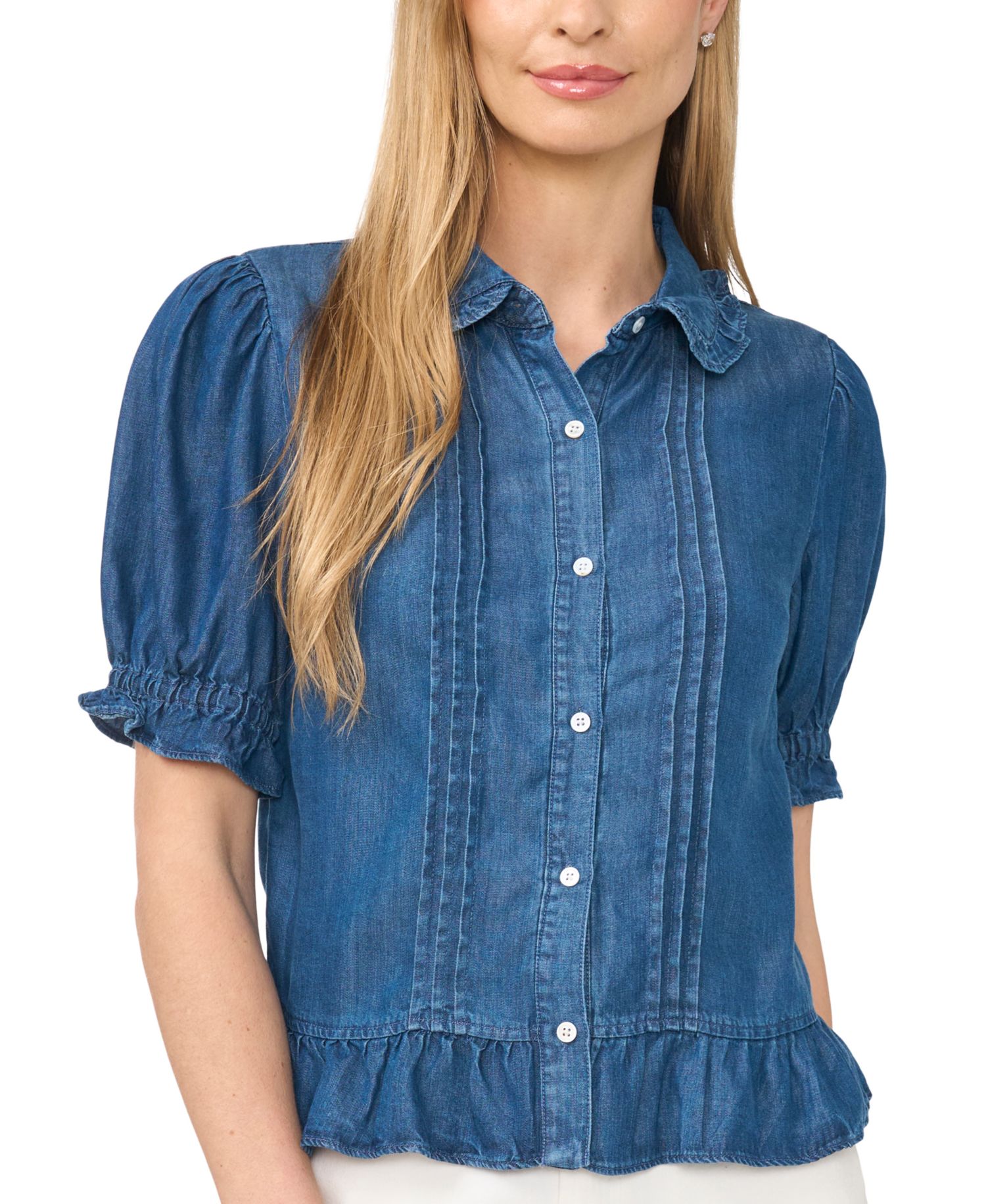 Women's Puff-Sleeve Cropped Ruffle-Collar Top
