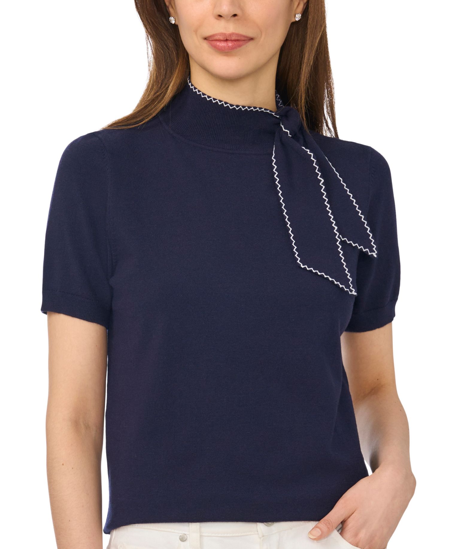 Women's Short-Sleeve Mock-Neck Scarf-Tie-Neck Sweater