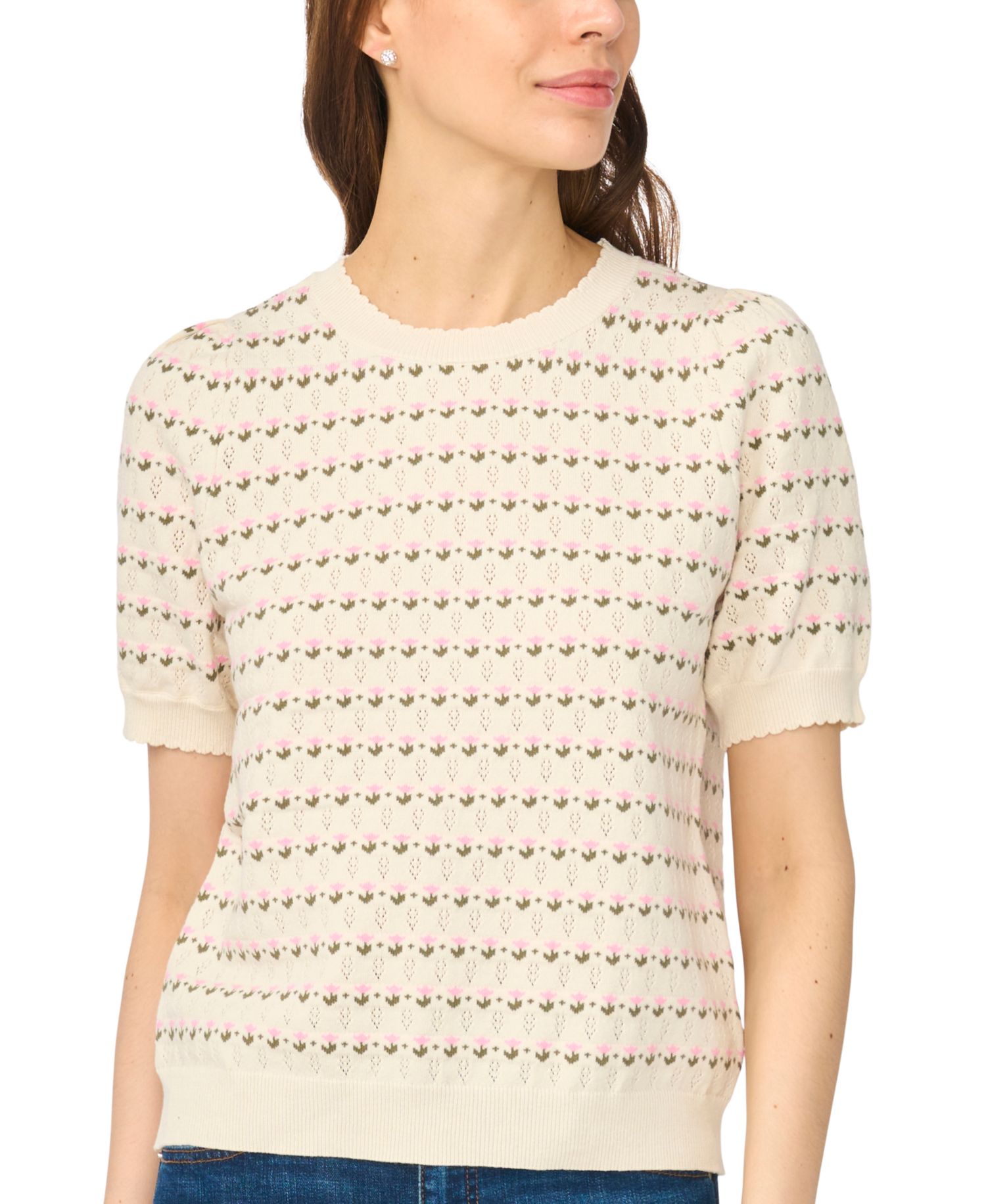 Women's Floral Pointelle Short-Sleeve Crewneck Pullover