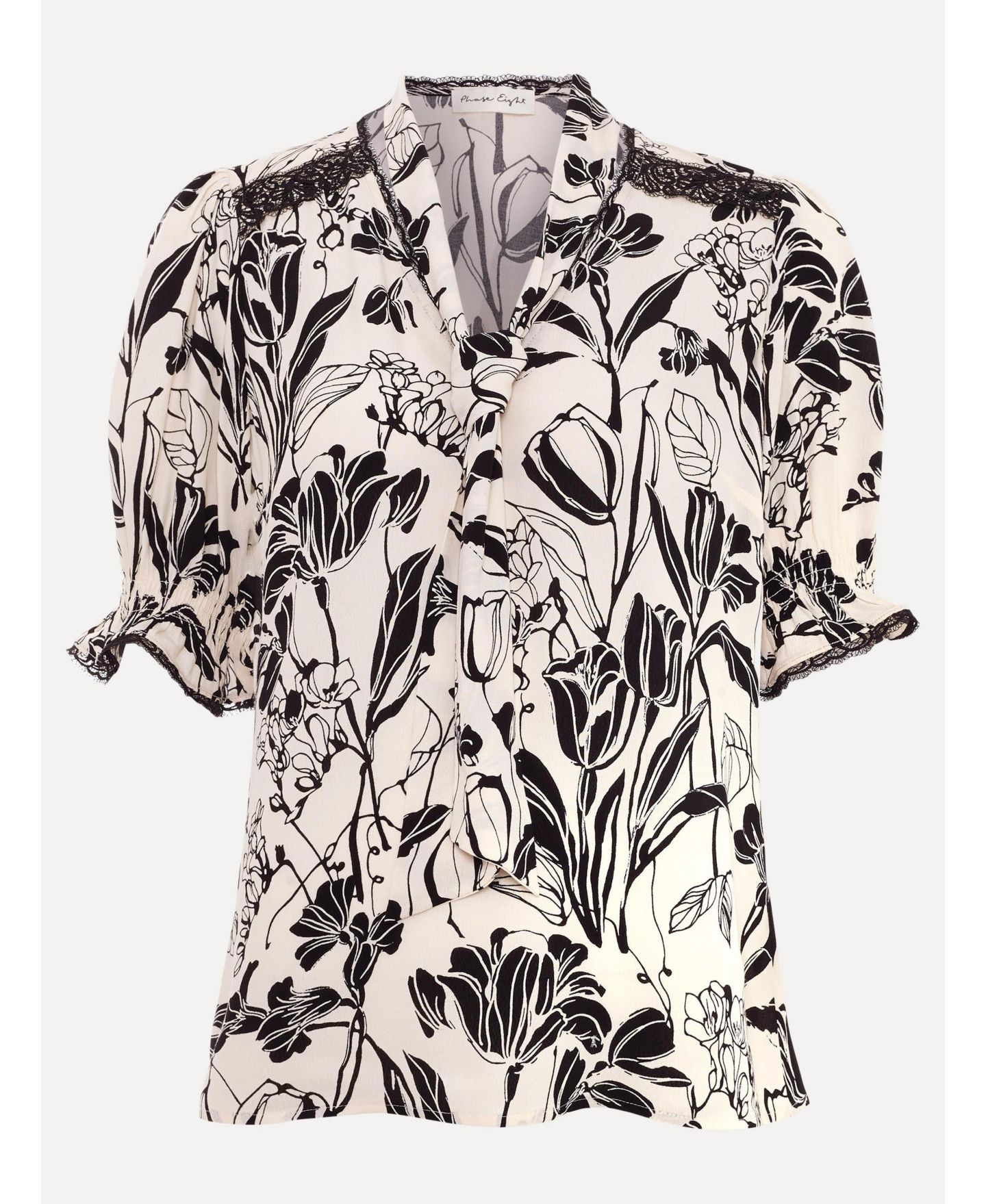 Женская блузка Phase Eight Aisra Lace Floral-Print Tie Neck, цвет: Чёрный / Слоновая кость — фото 6