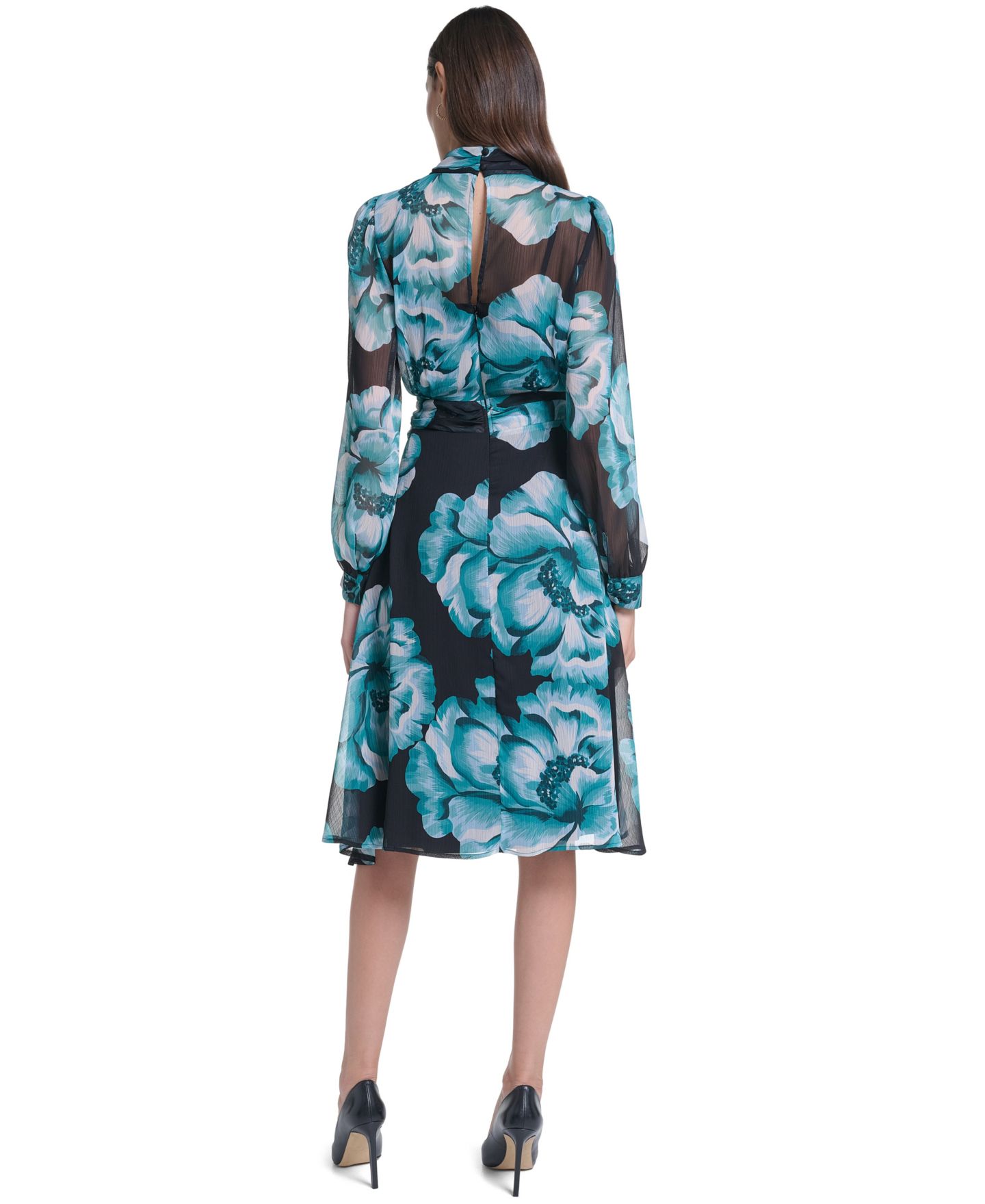 Женское платье Calvin Klein Wedding Guest Floral-Print Long-Sleeve Chiffon Midi, цвет: Чёрный, вариант 1 — фото 5