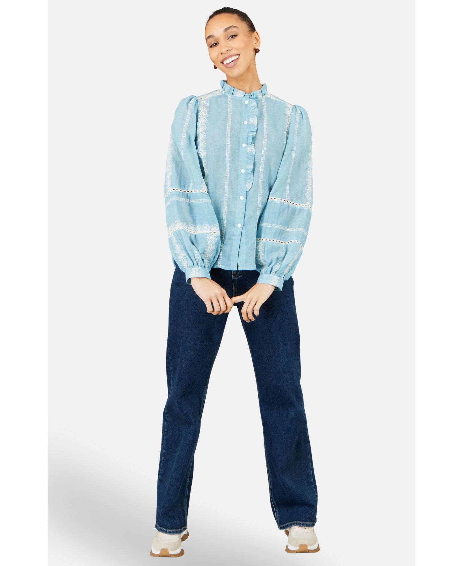 Women's Long-Sleeve Button-Up Mandarin Collar Blouse