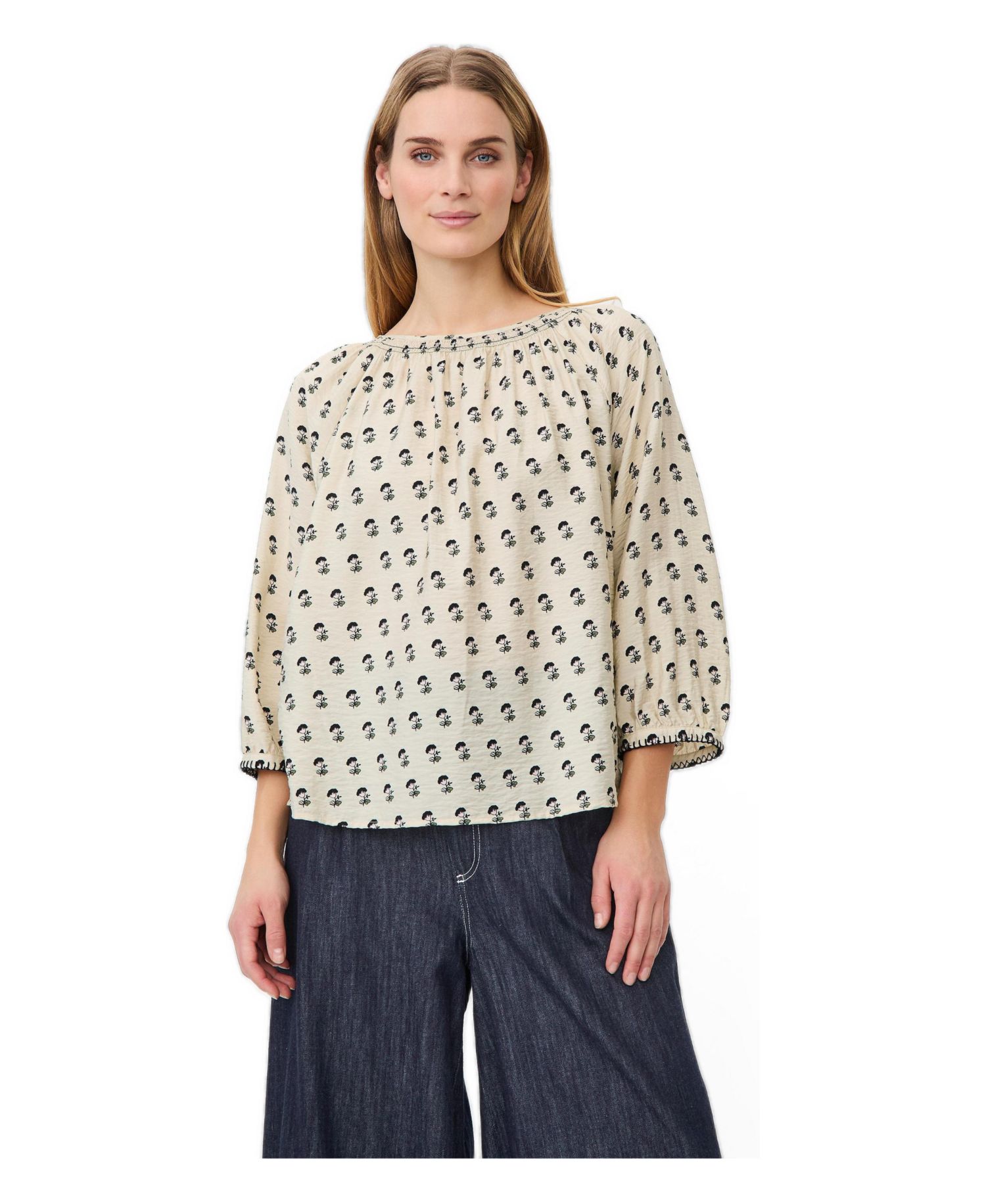 Women's 3/4-Sleeve Boat Neck Floral-Print Blouse