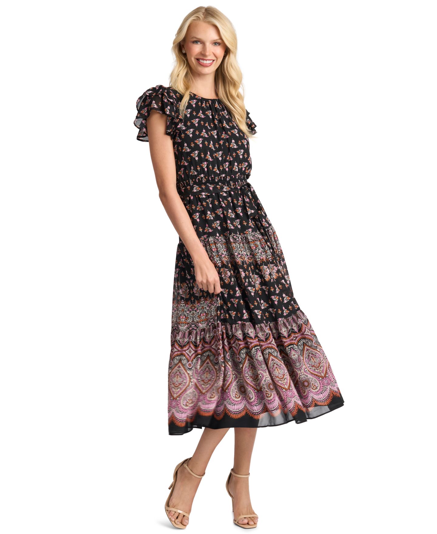 Женское платье CeCe Flutter-Sleeve Tie-Waist Midi, цвет: Насыщенный чёрный — фото 2