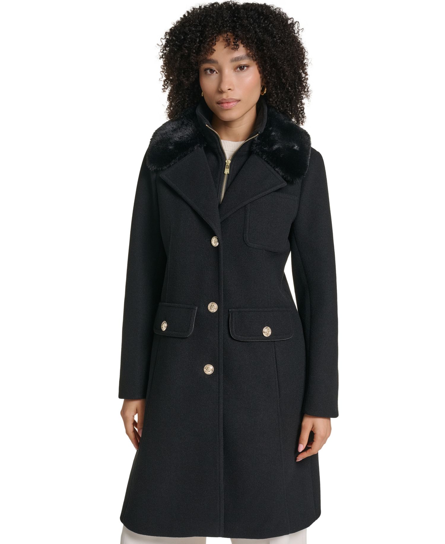Women's Bibbed Faux-Fur Collar Lined Coat