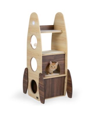 Rocket-Shaped 47 Inch Wooden Cat Tower with 2-Tier Condo