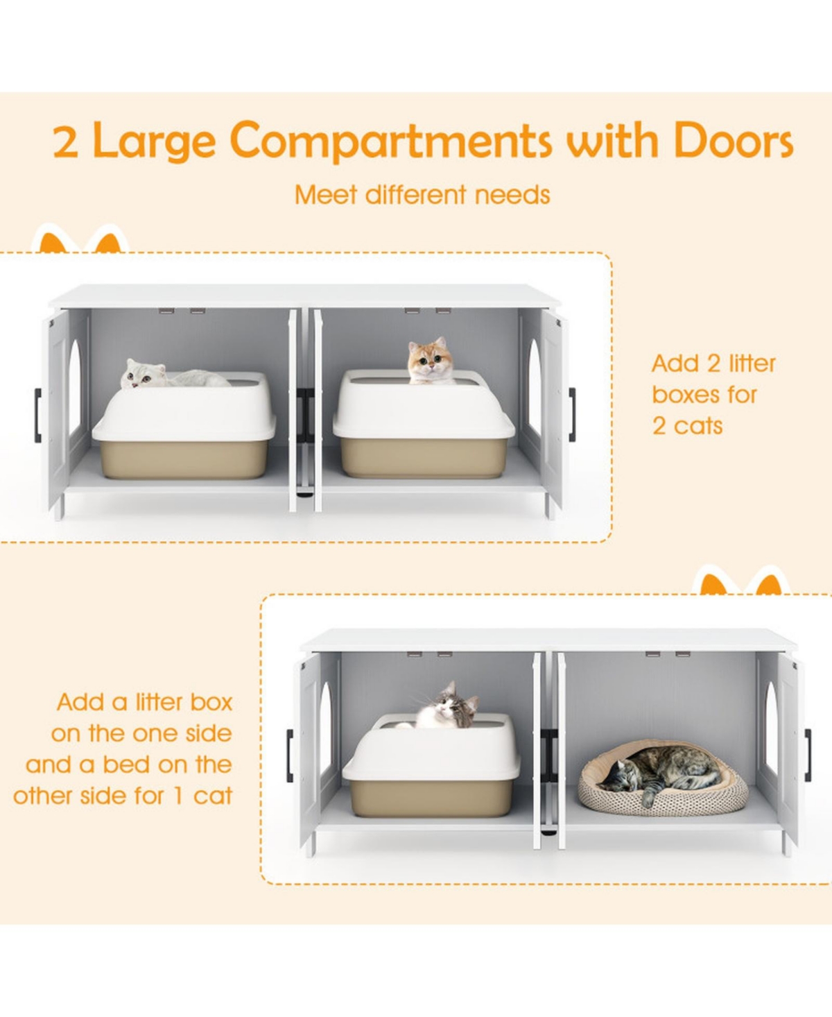 Hongge 48 in Cat Litter Box Enclosure for 2 Cats with Barn Doors and Large Tabletop