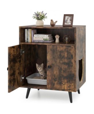 Industrial Cat Litter Box Enclosure with Cat-Shaped Entry Tabletop and Open Compartment
