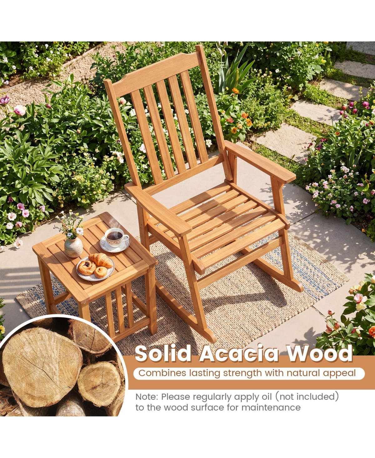 Gymax 2 Piece Outdoor Rocking Chair with High Back Wide Seat Armrests Rocker Chair