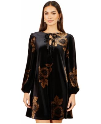 Women's Velvet Long-Sleeve Sunflower Print Tunic Mini Dress