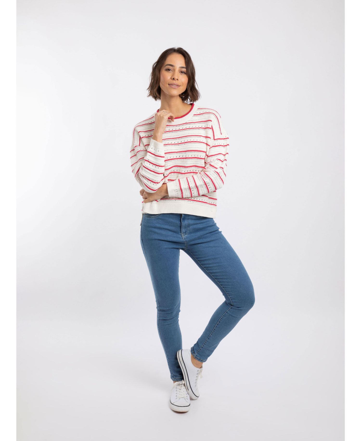 Women's Liah Pointelle-Striped Crewneck Sweater