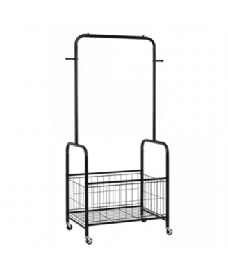 Rolling Metal Clothes Rack with Hanging Rod and Large Storage Basket