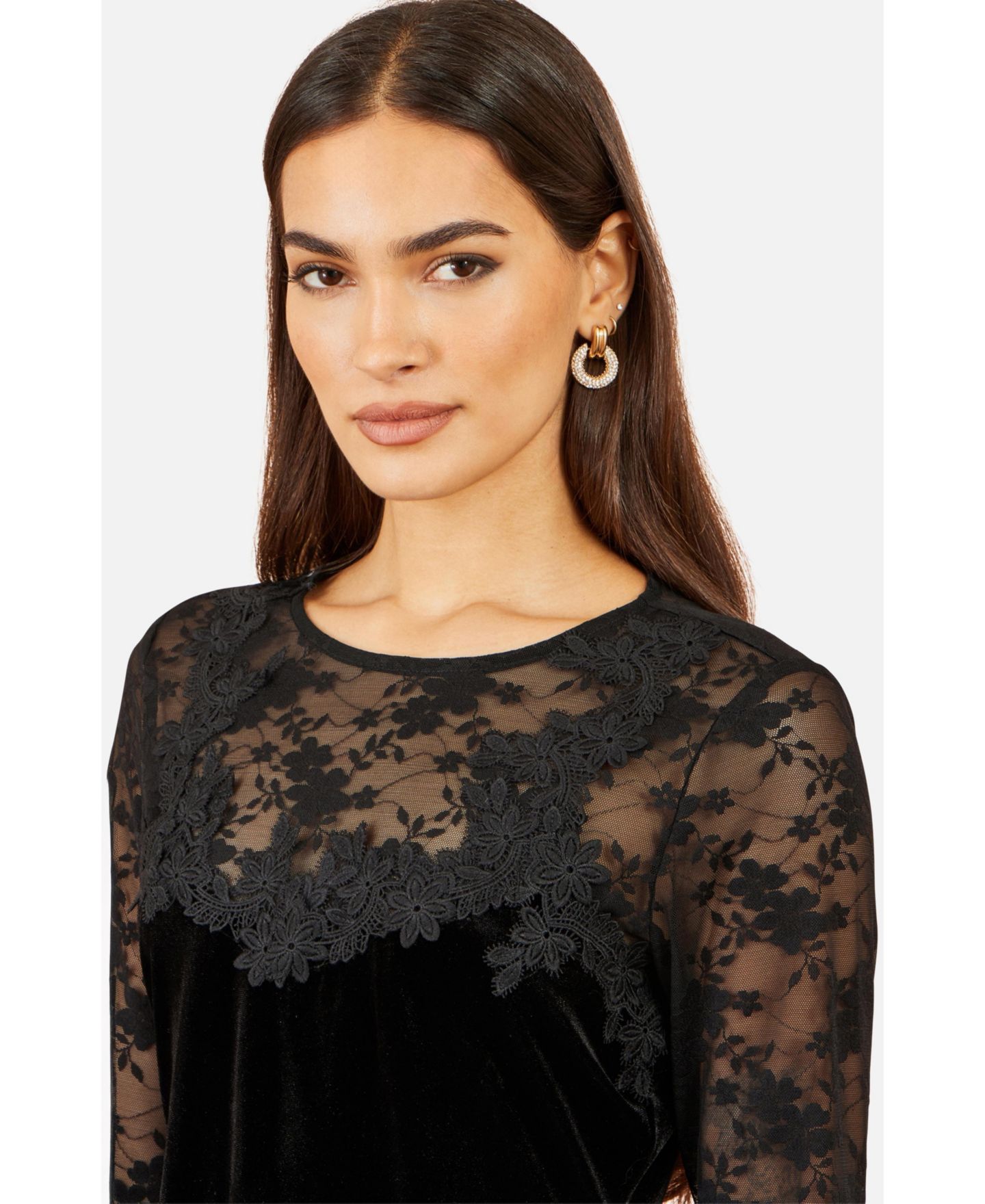 Женская блузка Yumi Long-Sleeve Floral-Print Lace, цвет: Чёрный — фото 5