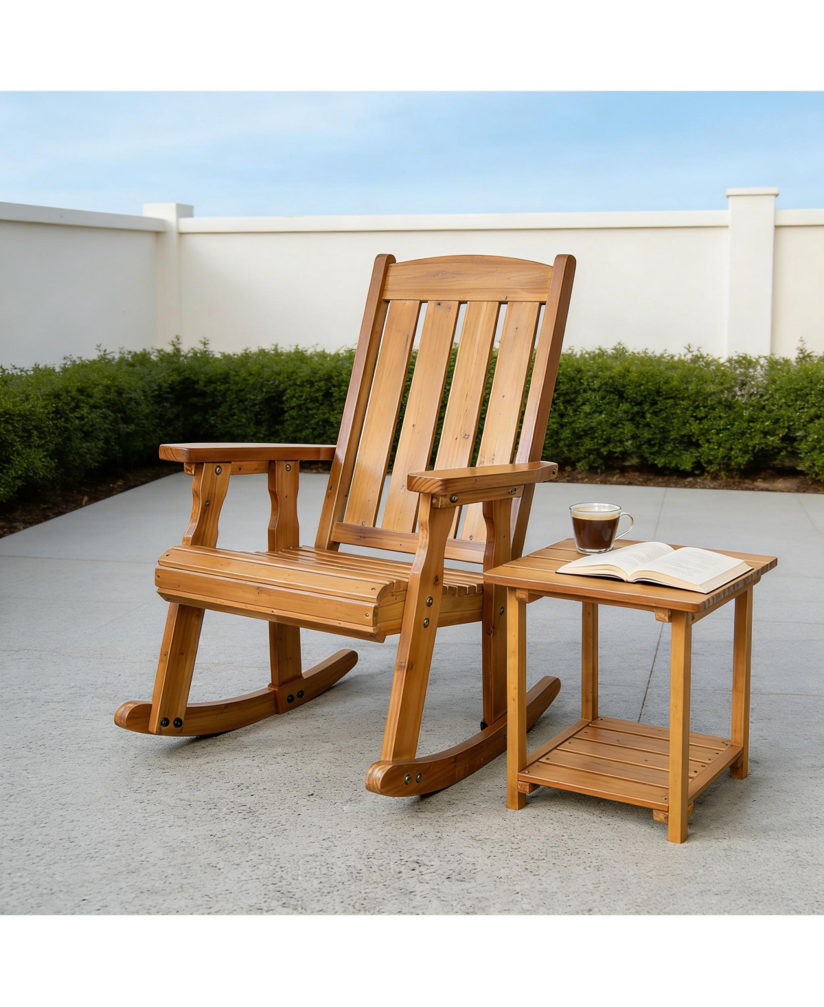 Solid Wood Outdoor Rocking Chair, All-Weather High Back Patio Rocker with Comfortable Recline and Contoured Seat Deep Brown)