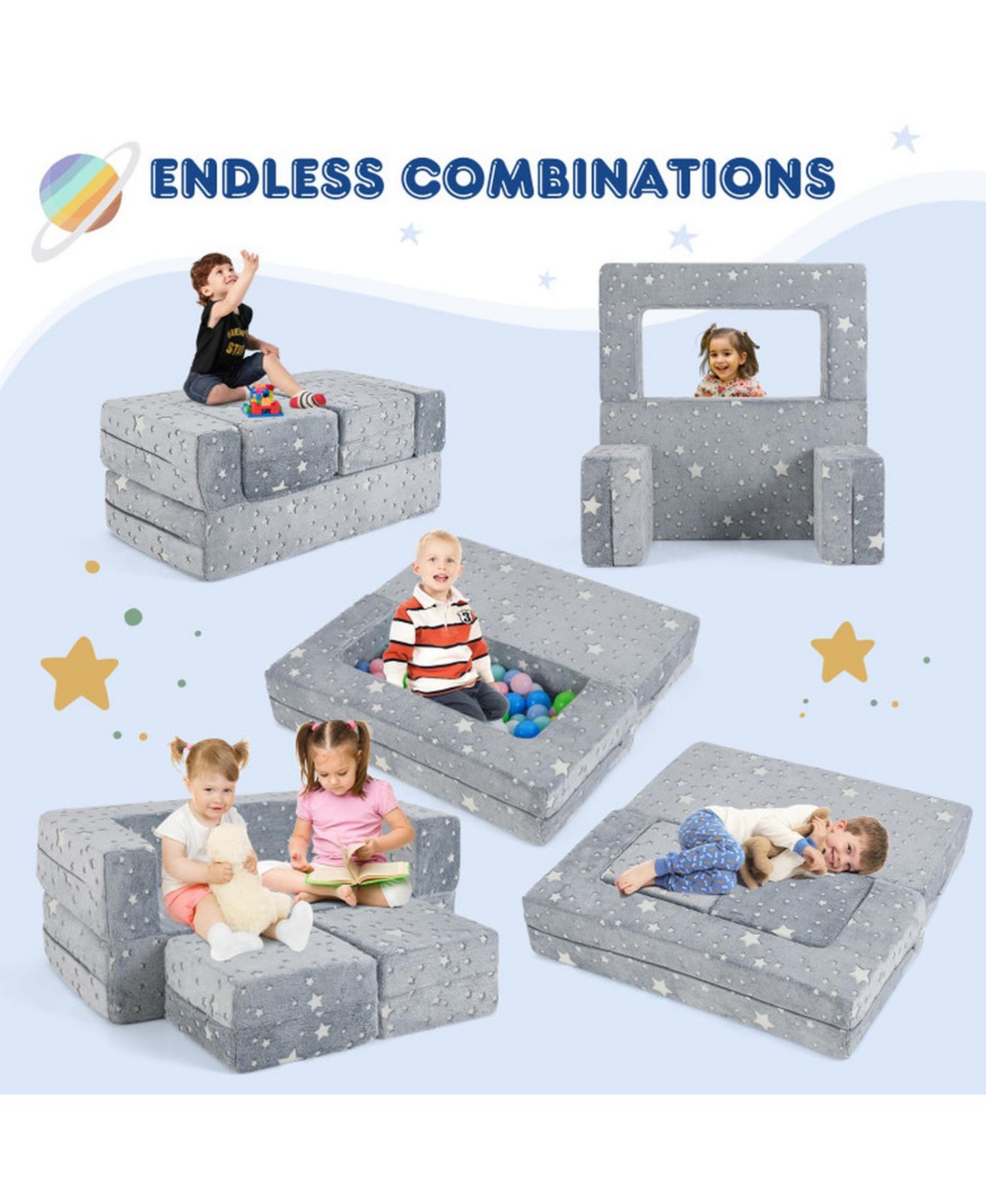 Детская игрушка HONGGE Modular 2-Seater Flannel Play Couch, Ages 3+, цвет: Серый с принтом — фото 8