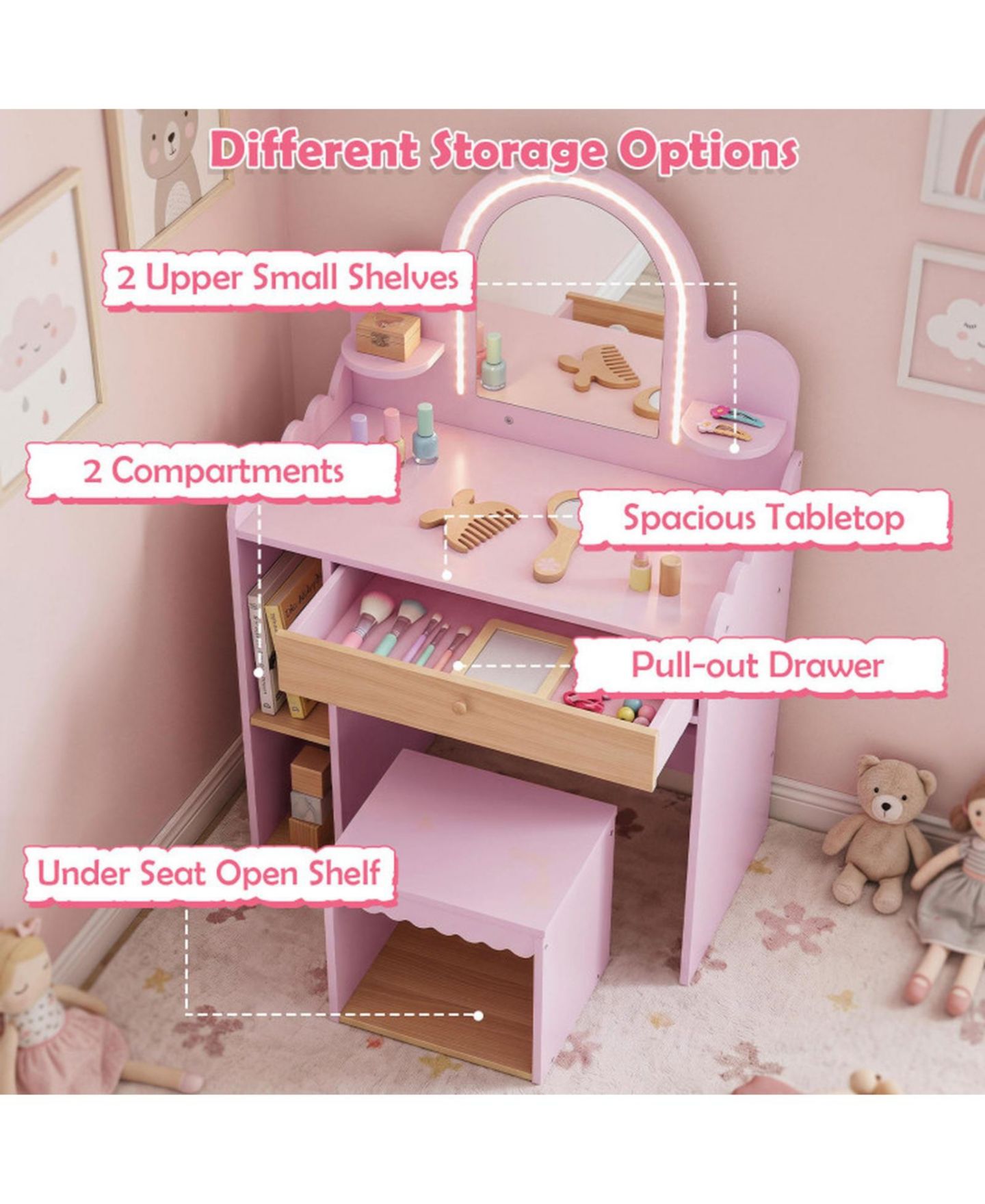 Детские игрушки HONGGE Lighted Makeup Mirror 2-Piece Vanity and Chair Set, Ages 3+, цвет: Розовый / Коричневый — фото 6