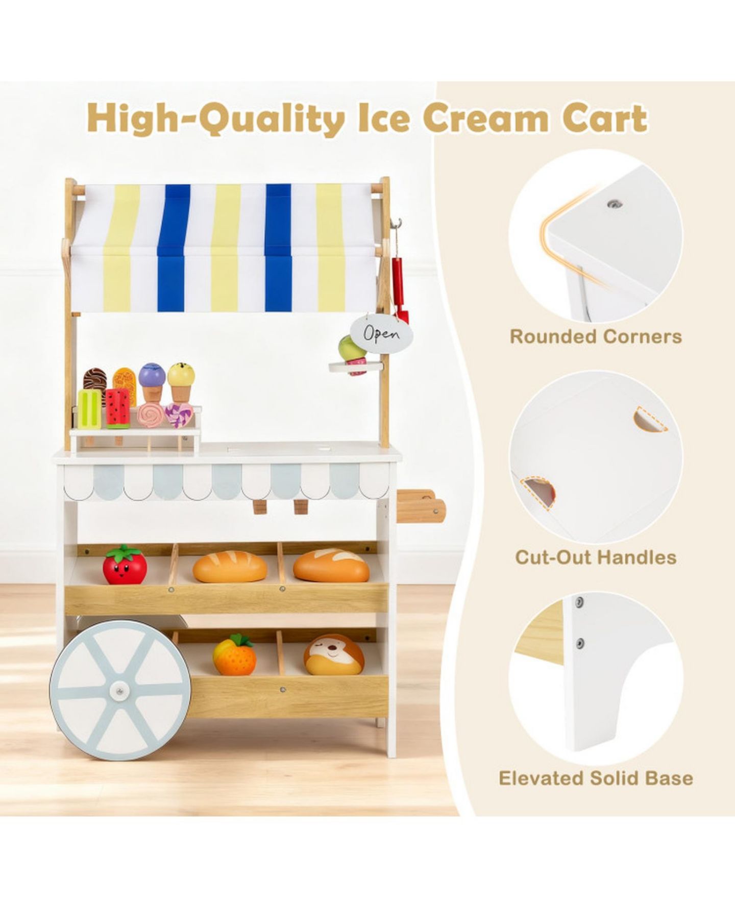 Детский игровой набор HONGGE 2-in-1 Wooden Ice Cream Cart and Grocery Store Playset for Kids, цвет: Белый — фото 6