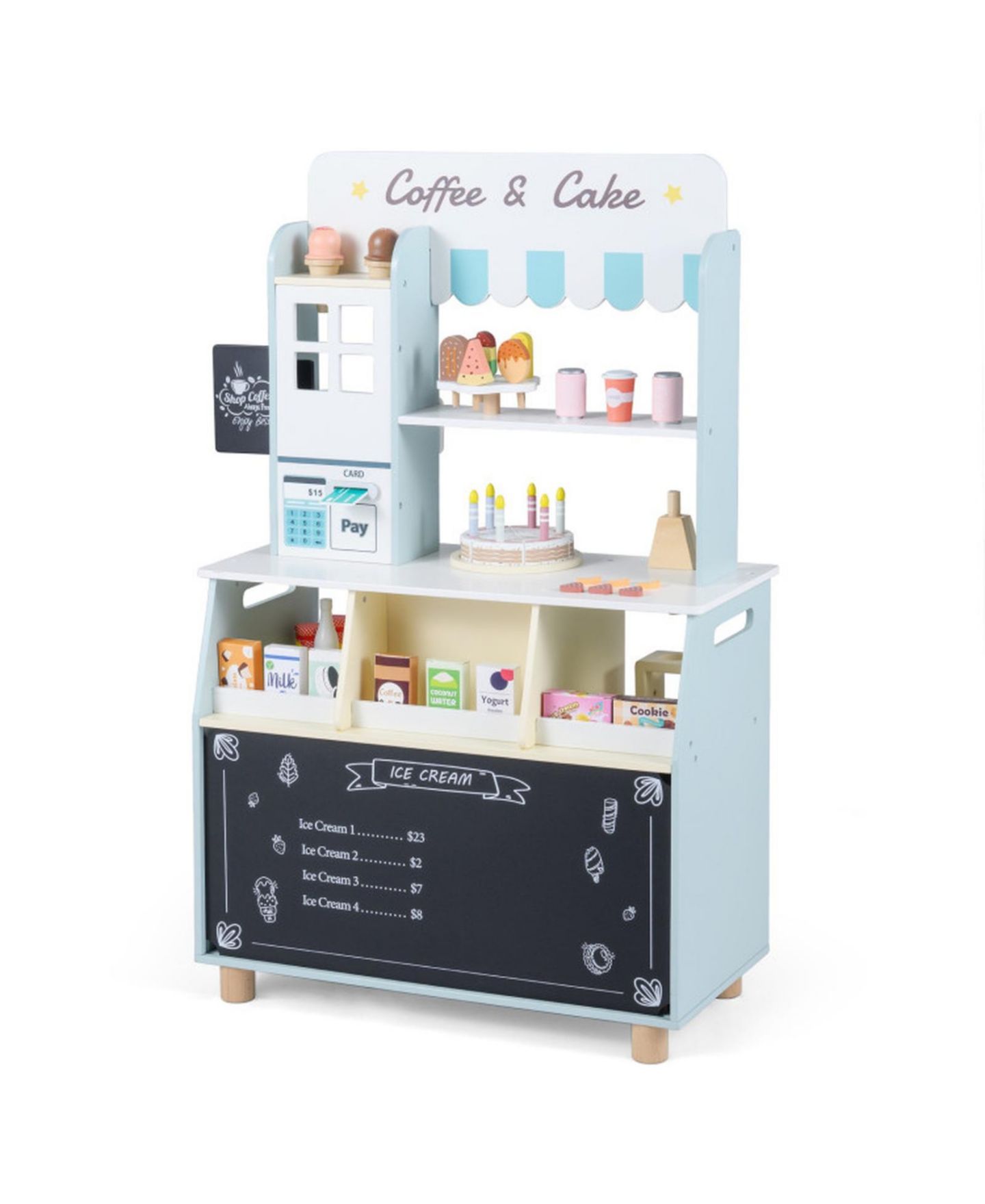 Детский игровой набор HONGGE Wooden Ice Cream Shop 27-Piece Playset, Ages 3+, цвет: Синий / Розовый — фото 10