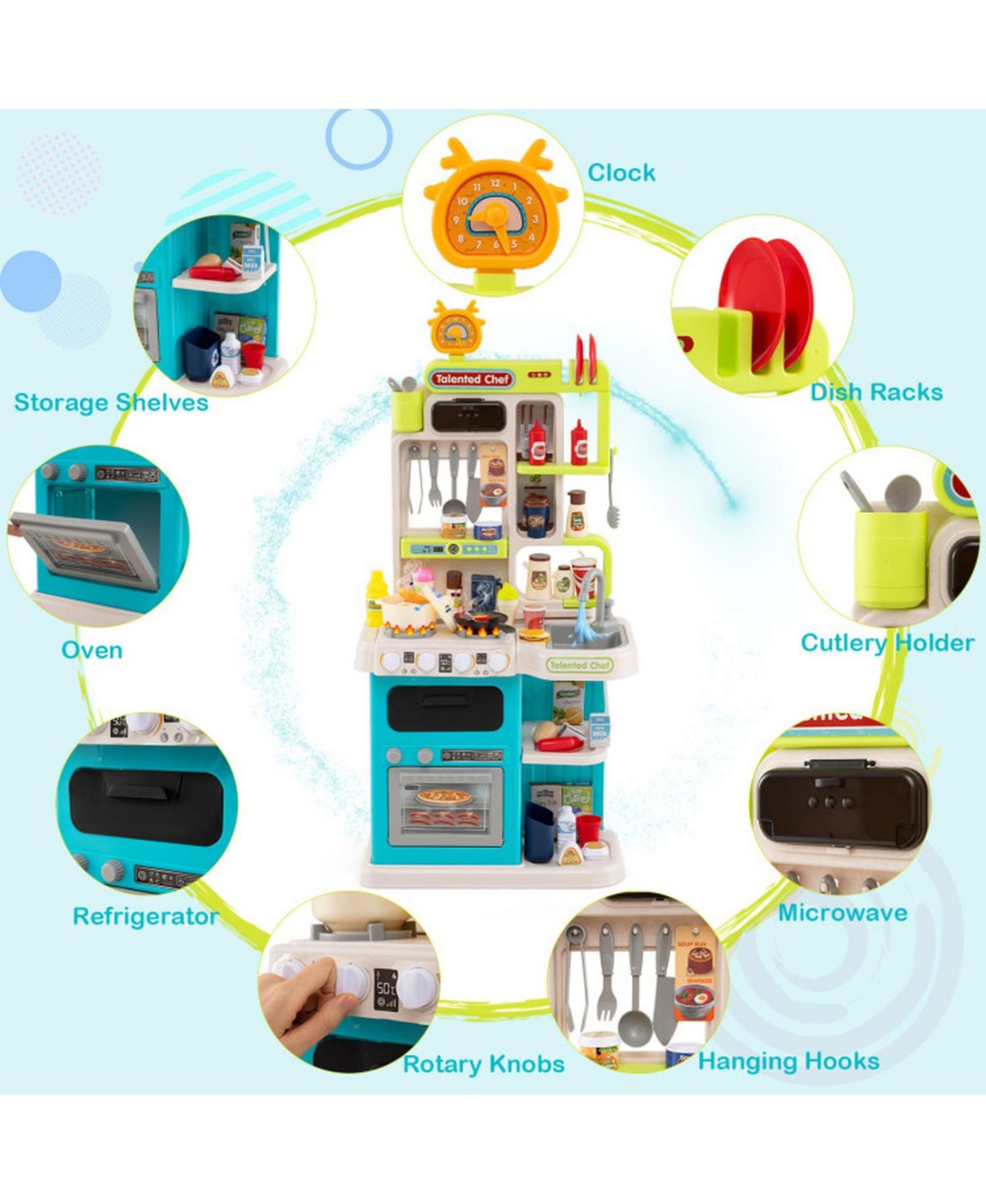 Детские игрушки HONGGE Corner Play Kitchen With Steam Sounds, 95-Piece, Ages 3+, цвет: Океанский синий — фото 8