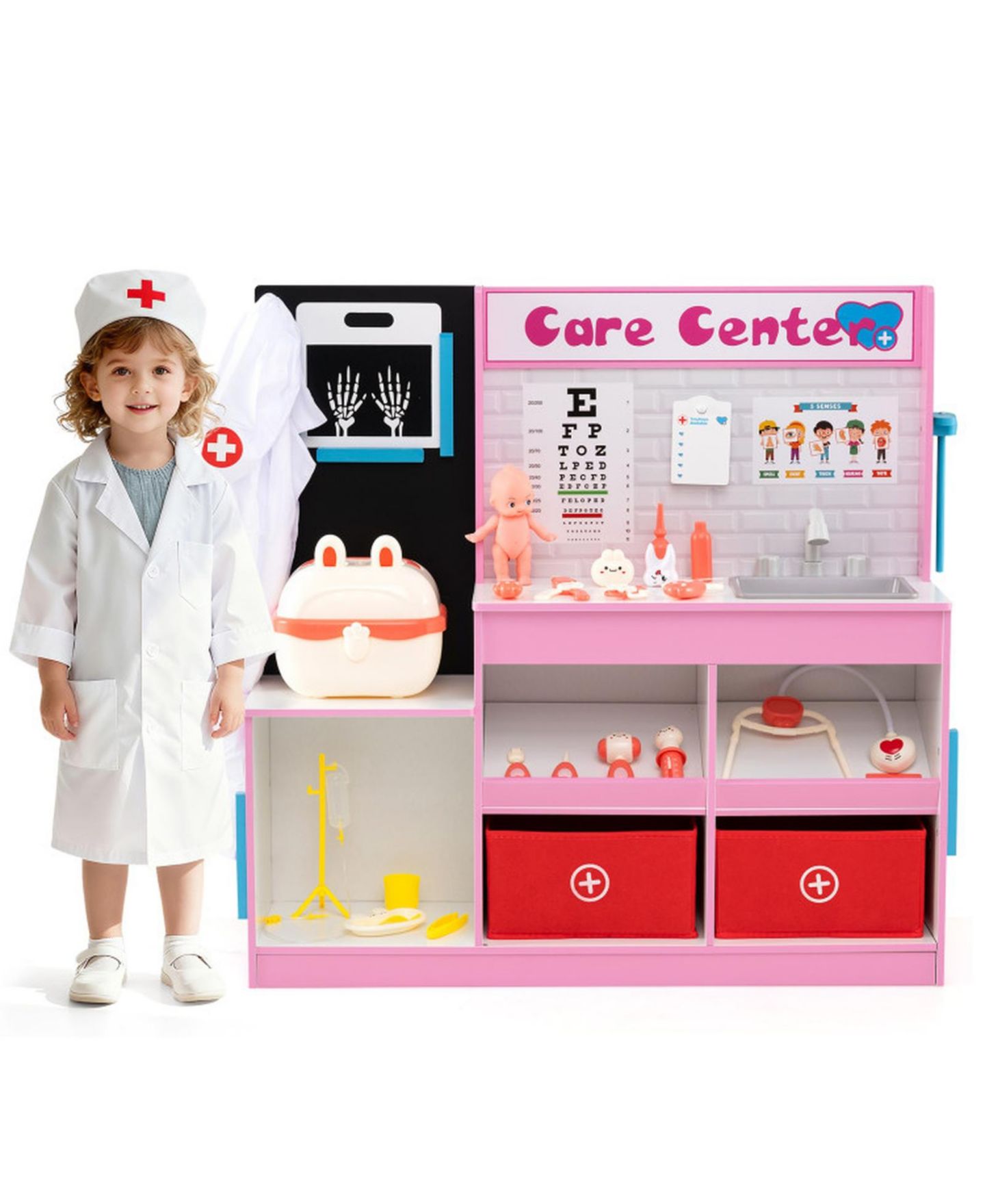 Детский игровой набор HONGGE Kids Wooden Medical Center Play Set with Examination Region, цвет: Мягкий розовый — фото 9