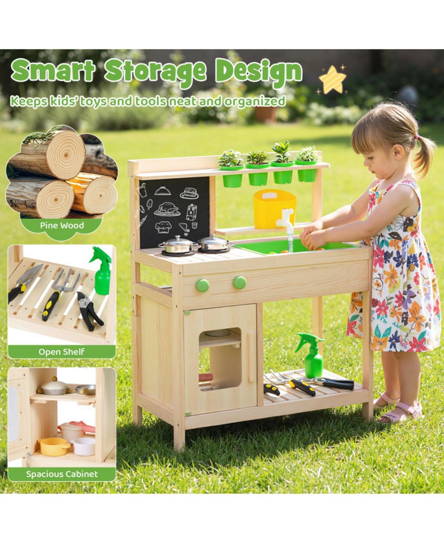 Детские игрушки HONGGE Mud Kitchen Chalkboard 4-Piece Play Kitchen, Ages 3+, цвет: Светлый сосновый — фото 8