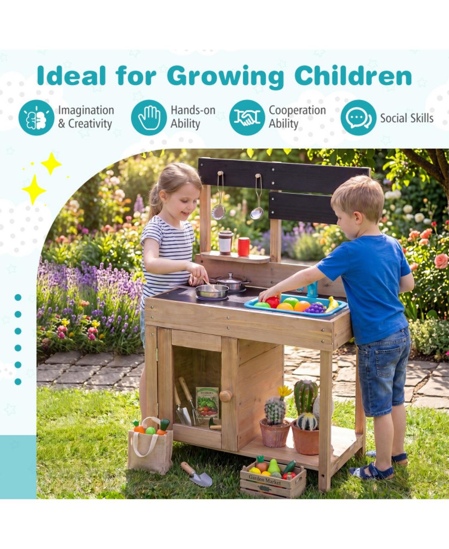 Детские игрушки HONGGE Wooden Circulating Water Faucet 5-Piece Mud Kitchen, Ages 3+, цвет: Коричневый / Чёрный — фото 7