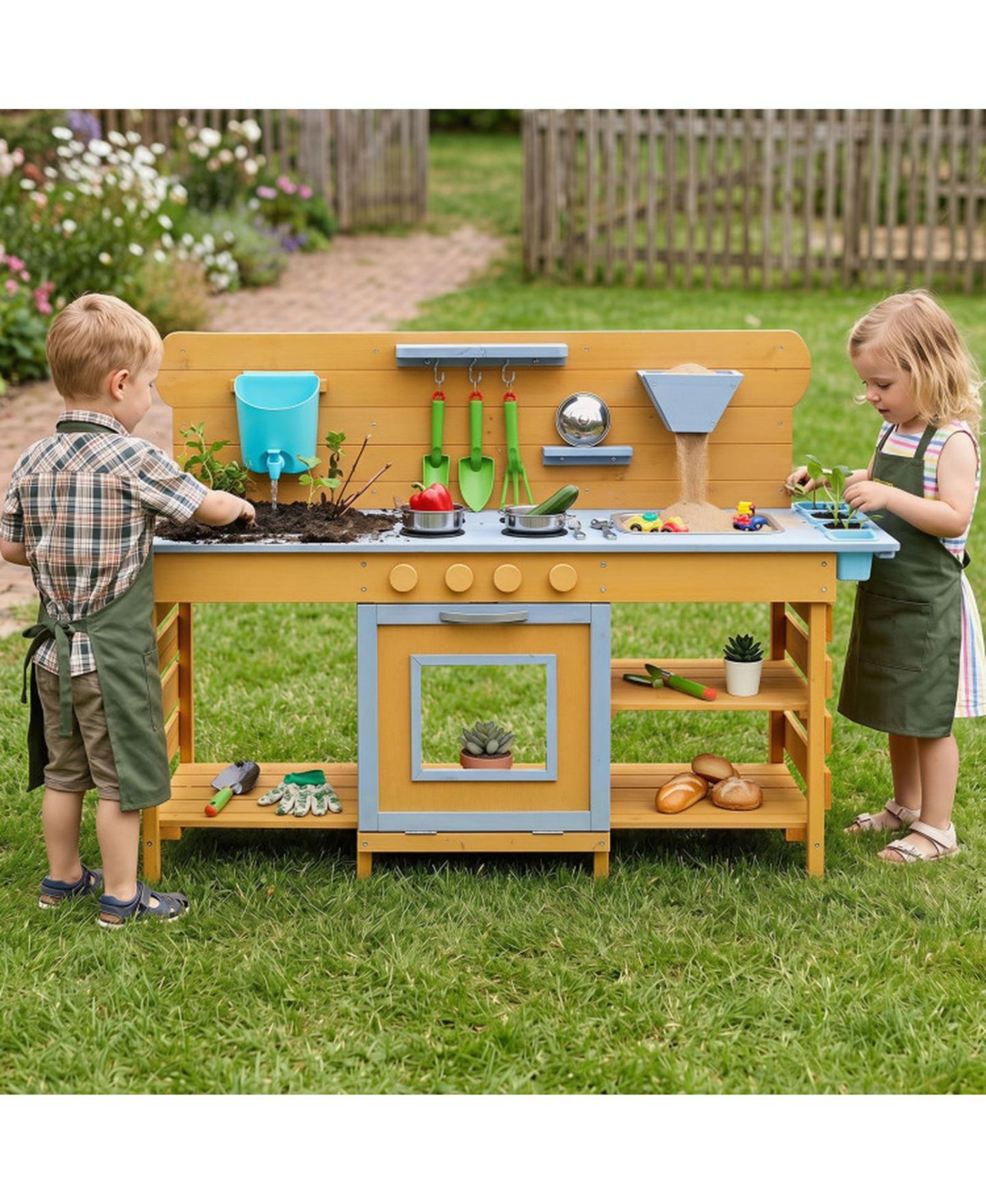 Детские игрушки HONGGE Wooden Mud Kitchen 2-Sink, 4-Stove 14-Piece Play Set, Ages 3+, цвет: Натуральный — фото 2