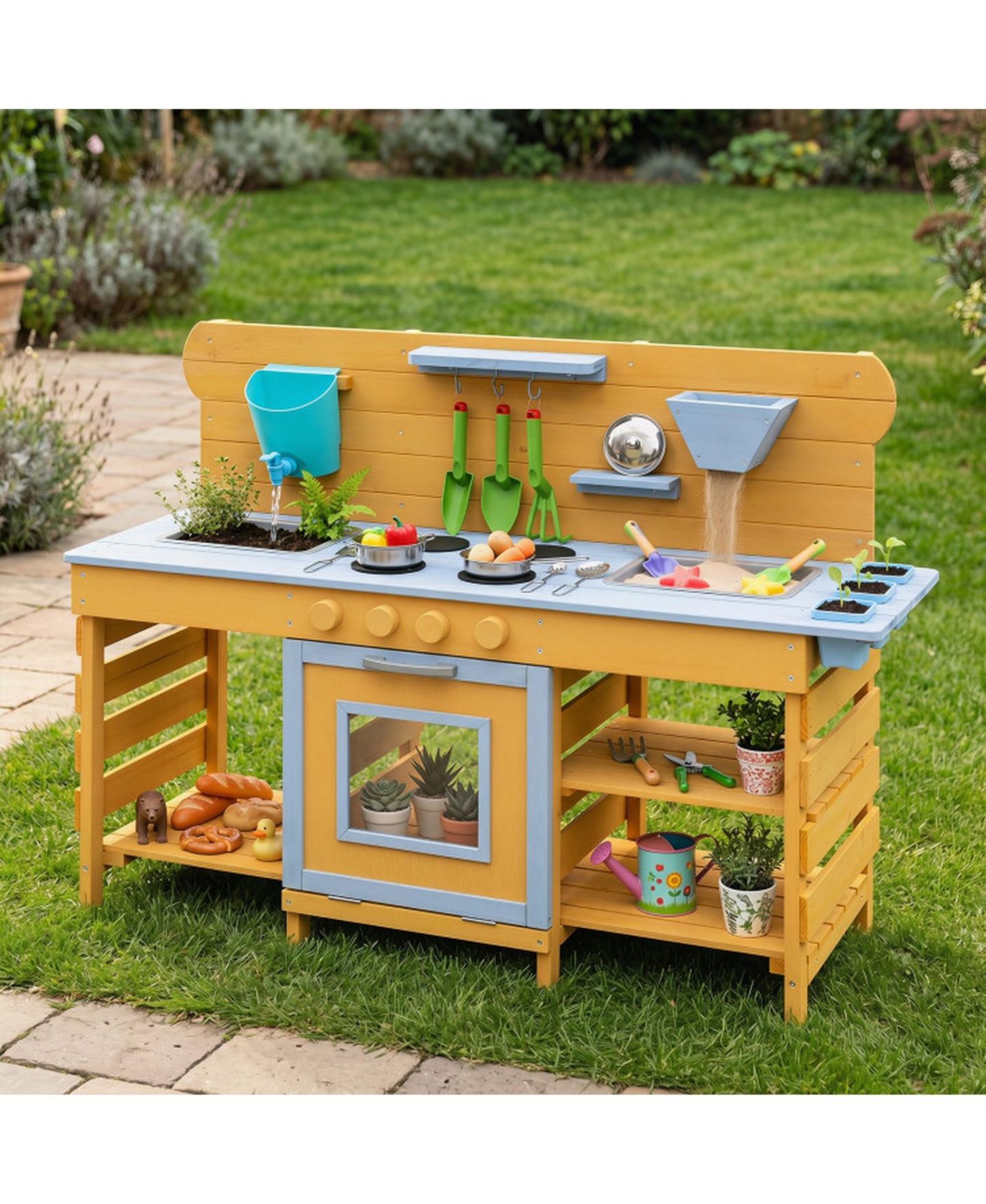 Детские игрушки HONGGE Wooden Mud Kitchen 2-Sink, 4-Stove 14-Piece Play Set, Ages 3+, цвет: Натуральный — фото 11