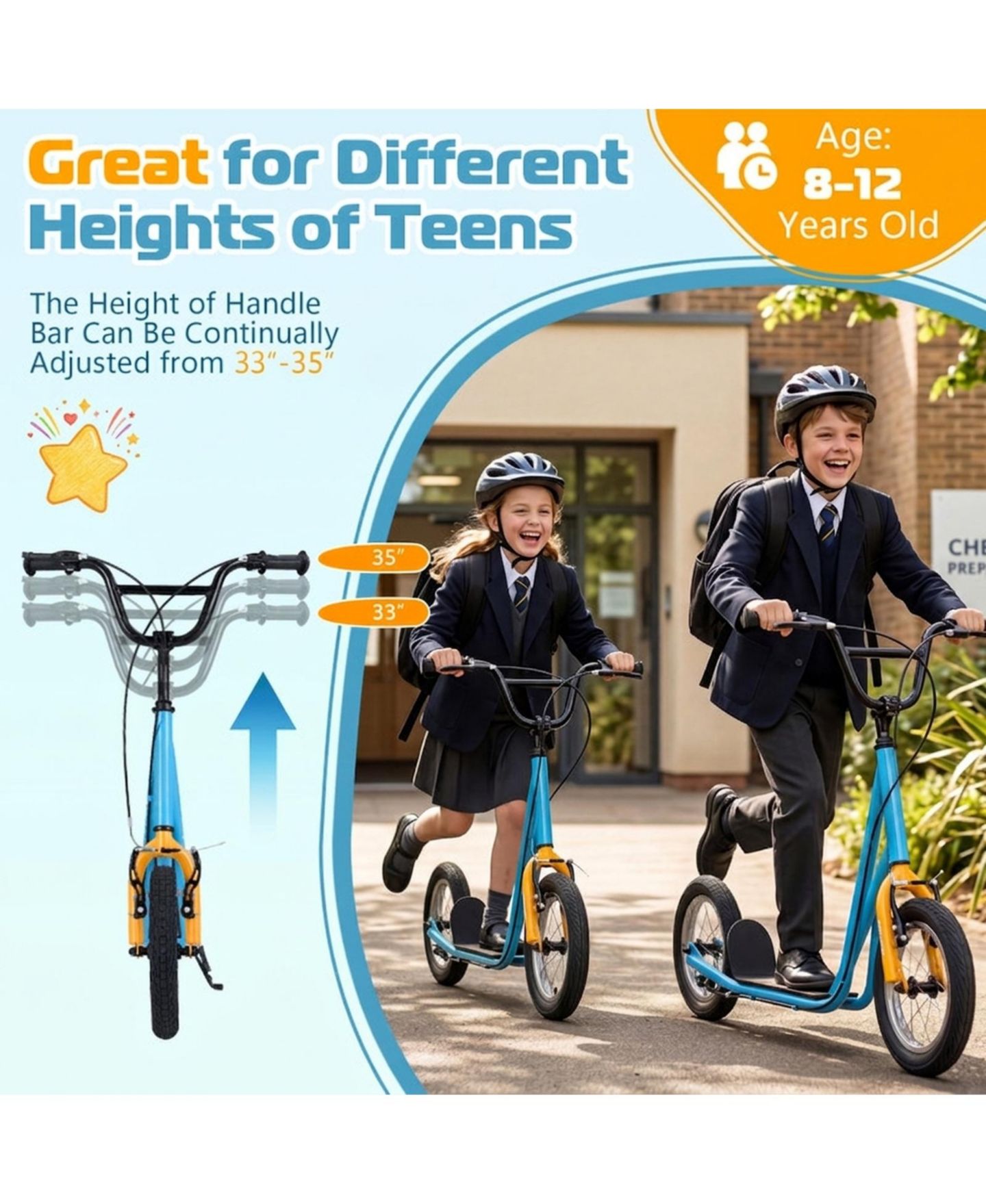 Детские игрушки HONGGE Kids Kick Scooter 12-Inch Air Wheels Dual V-Brakes, 165 lbs Capacity, Ages 8+, цвет: Синий — фото 6